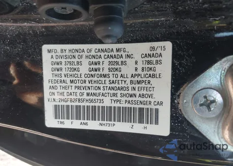2015 Honda Civic Ex from USA, damaged, VIN 2HGFB2F85FH565735